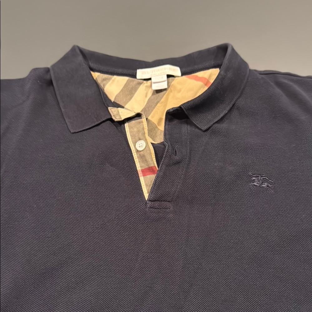 Boys Burberry Navy Polo with Check Detail